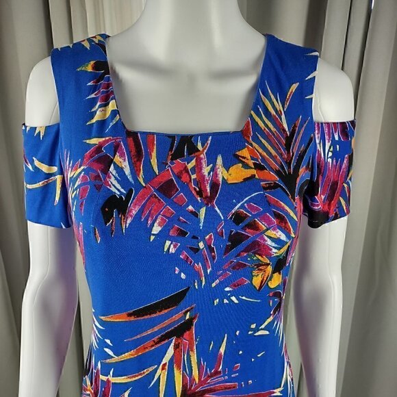 Calvin Klein Blue Tropical Floral Cruise Resort Cold Shoulder Dress, Size 2 - Picture 2 of 10